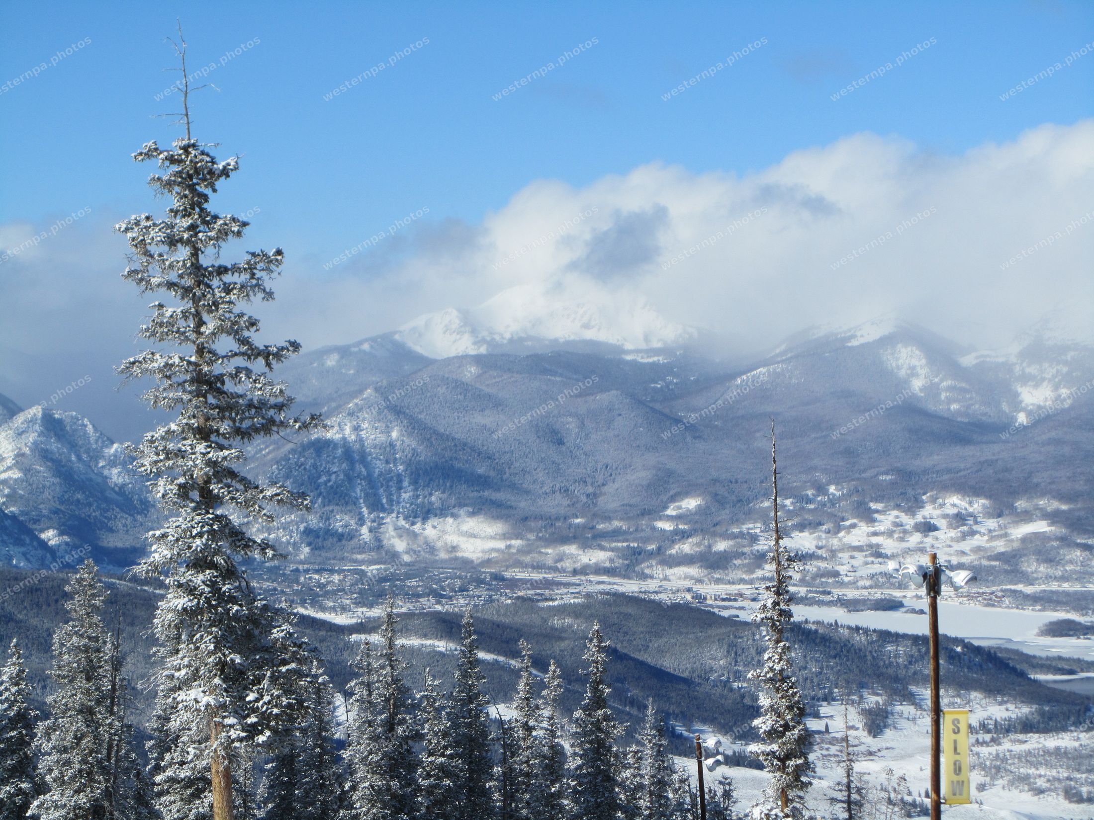 Snow-covered spruce trees in front of cloud-shrouded winter mountains and a valley town