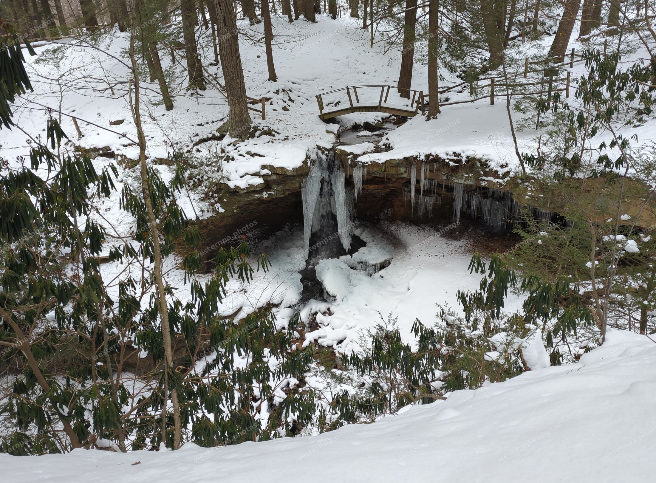 Frozen waterfall with icicles below a footbridge in snowy woods