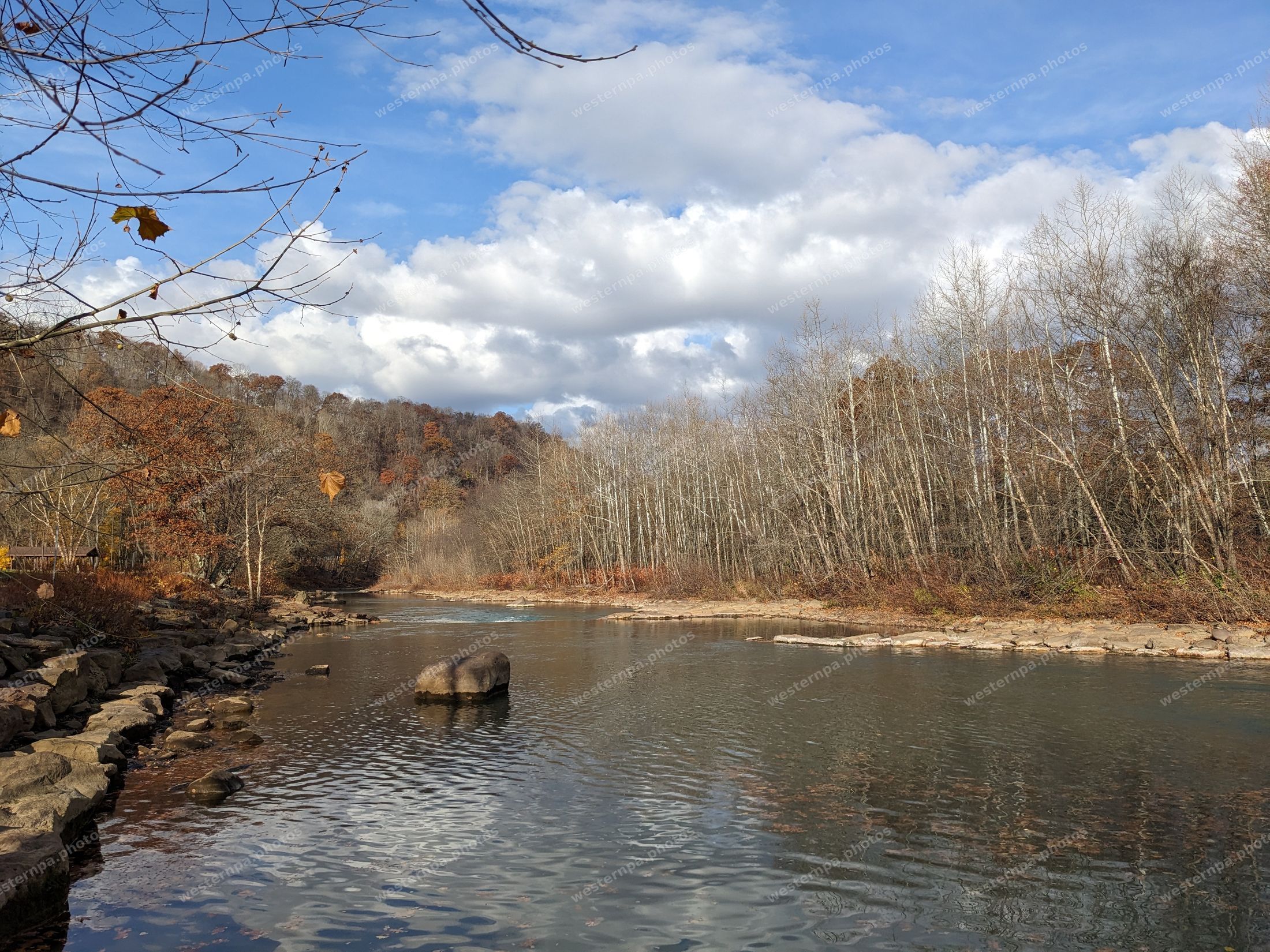River bend with bare trees and blue sky