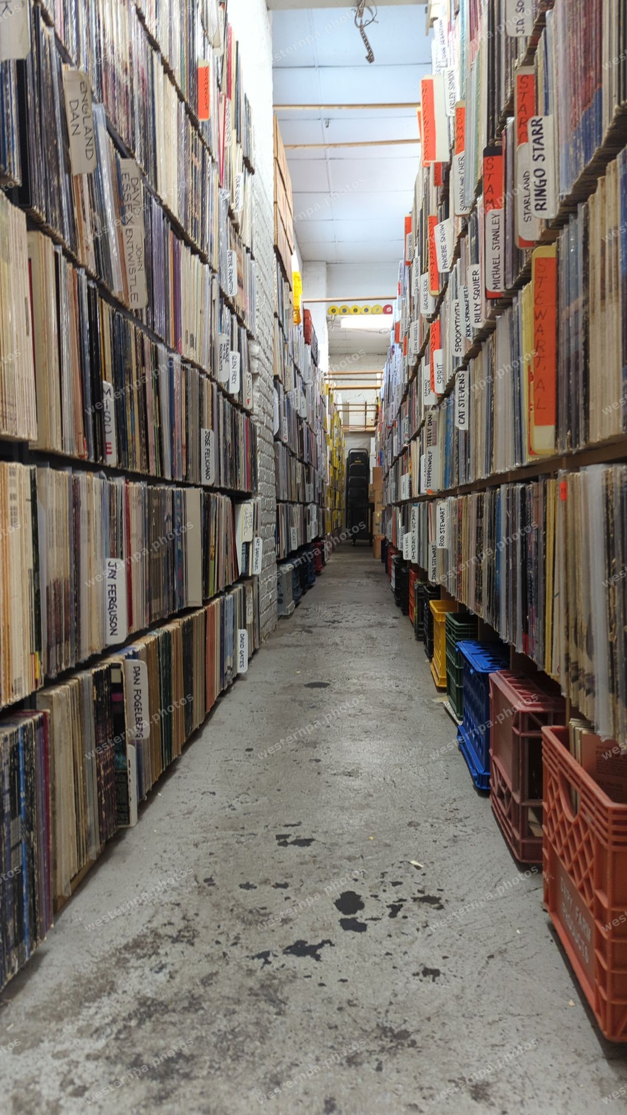 Aisle of vinyl records in a record store